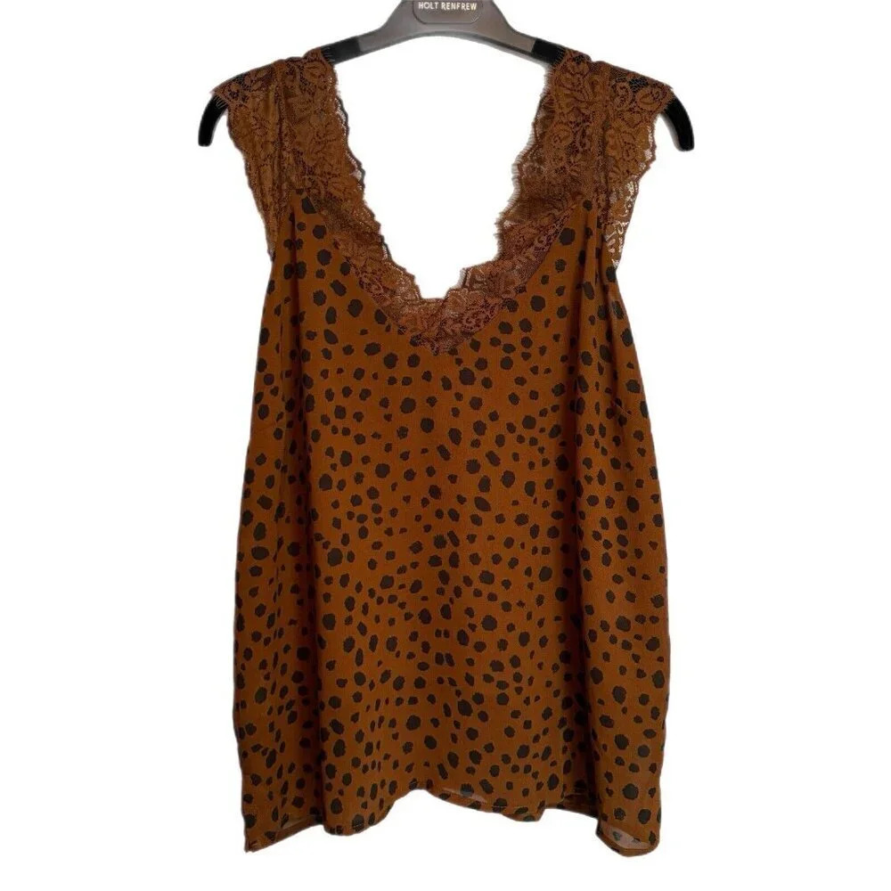 NWT Umgee Cheetah Print Lace Detail Lined Tank Top Cami Blouse Brown Flowy Sz S